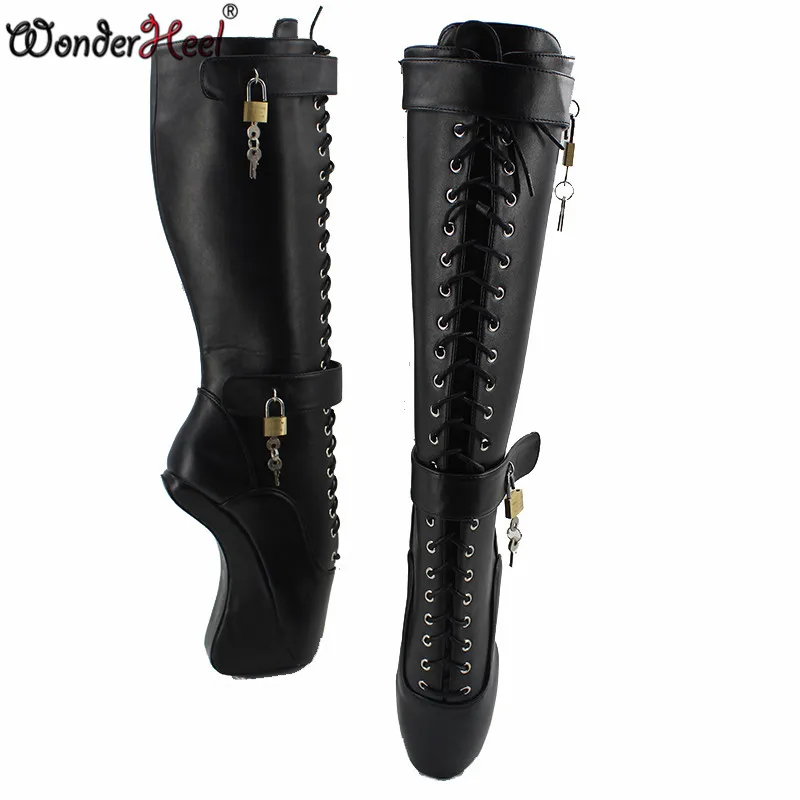 Wonderheel padlocks балетные туфли ультра высокий каблук 18 см клинья балетные сапоги до колена сексуальные фетиш сапоги матовые ПУ балетные сапоги со шнуровкой