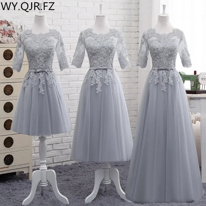 Длинное короткое платье подружки невесты на шнуровке серого цвета для вечеринки