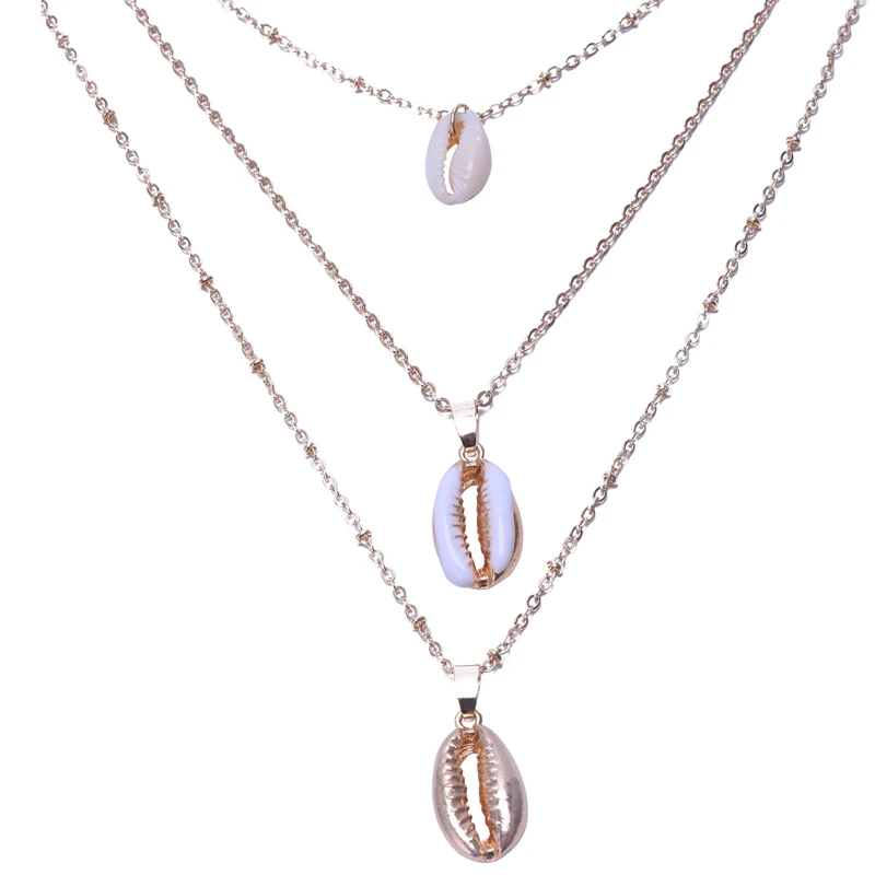Three Layers Of Shell Pendant Necklace Natural Gold Cowrie Women Best Friend Seashell Bohemian Jewelry | Украшения и аксессуары