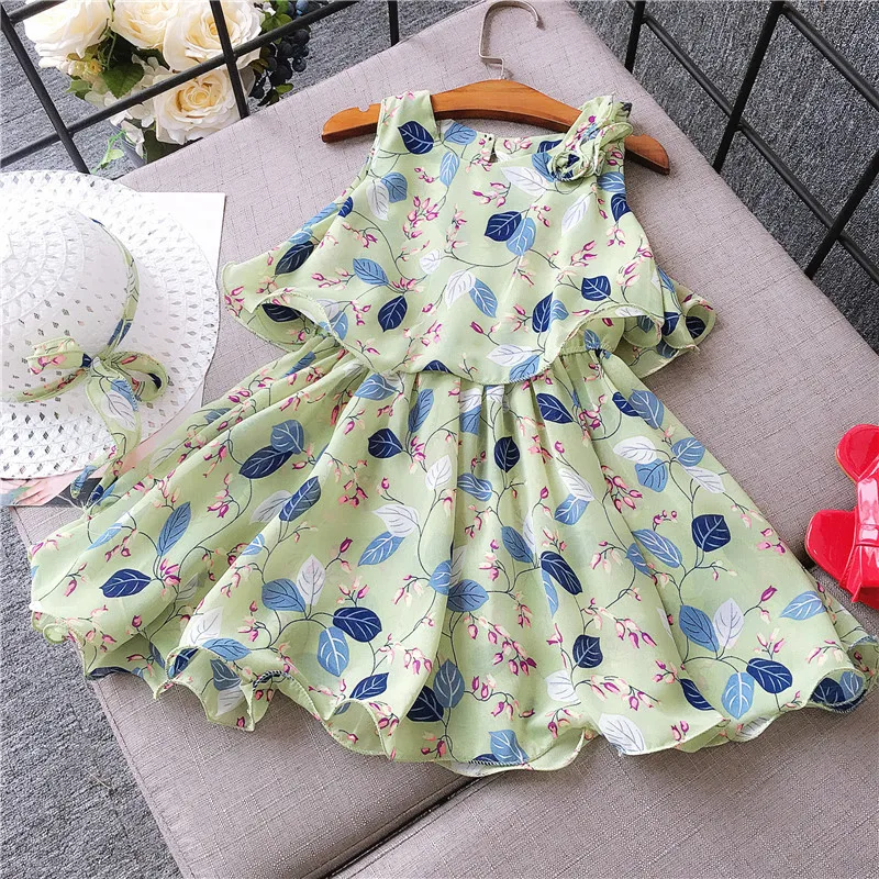Girls Dresses 2018 Summer New Children's Clothing Fashion Sweet Double-Layer Printed Chiffon Vest Dress + Hat | Детская одежда и