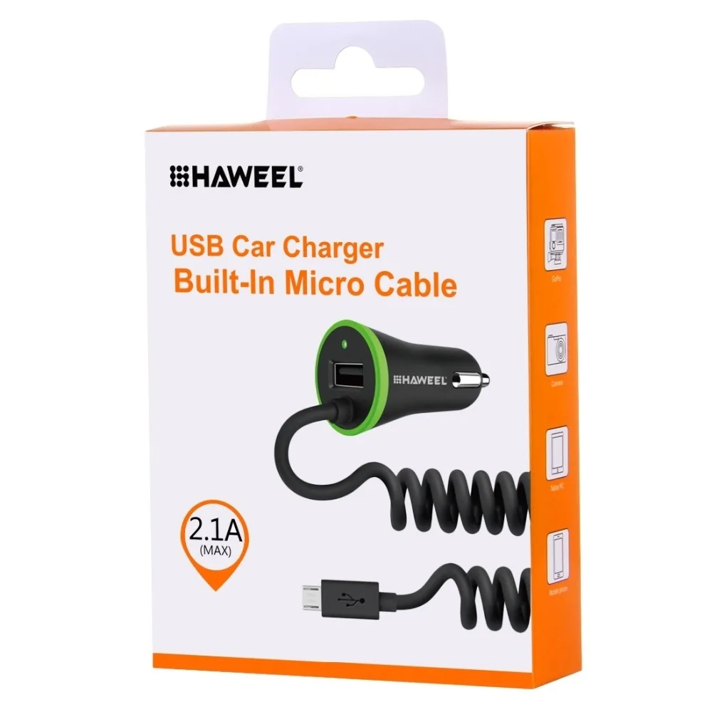 HAWEEL 5V 2.1A микро USB Автомобильное зарядное устройство с пружинным кабелем для Samsung /