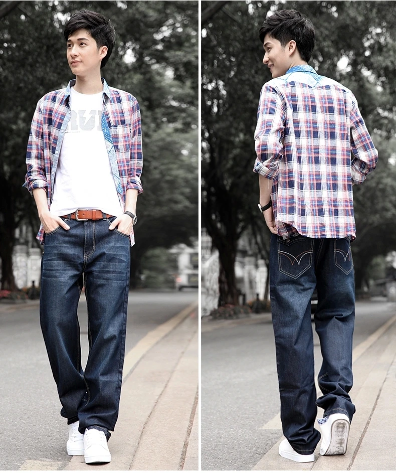 Jeans Men 2015 Spring New Dark Blue Color Plus Size 29-44 Baggy Wide Leg Straight Denim Pants | Мужская одежда