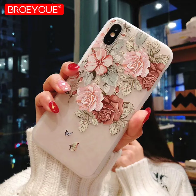 BROEYOUE чехол для iPhone X 5 5S SE 6 S 7 8 3D мягкий рельеф ТПУ Симпатичные Florals Силиконовые