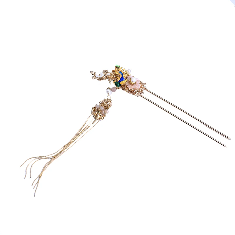 Китайская Винтажная заколка для волос с кисточками и цветами Феникс ручной