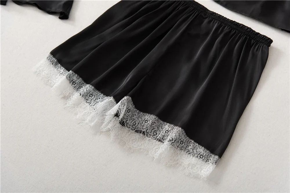 

Herislim Silk Pajamas Sleepwear For Women Sexy Lace Trim Sleep Lounge V-Neck Robe Cami And Shorts 4 Pieces Pajama Sets Homewear