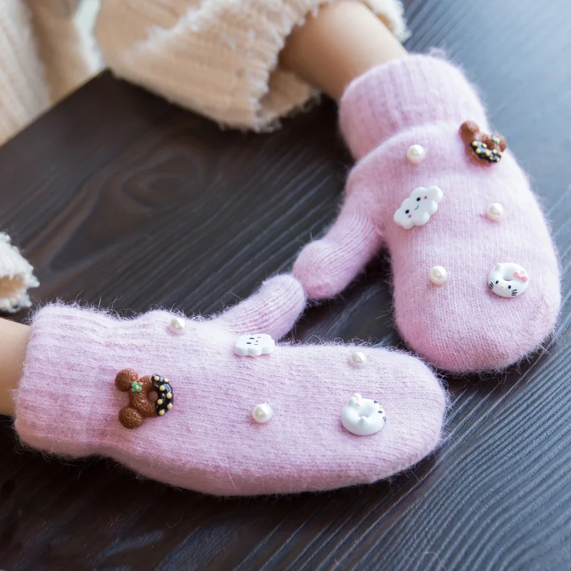 Осень-зима милые перчатки для девочек с Микки из меха кролика шерстяные