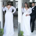Недорогие размера плюс свадебные платья с глубоким V-образным вырезом и длинным рукавом 2021