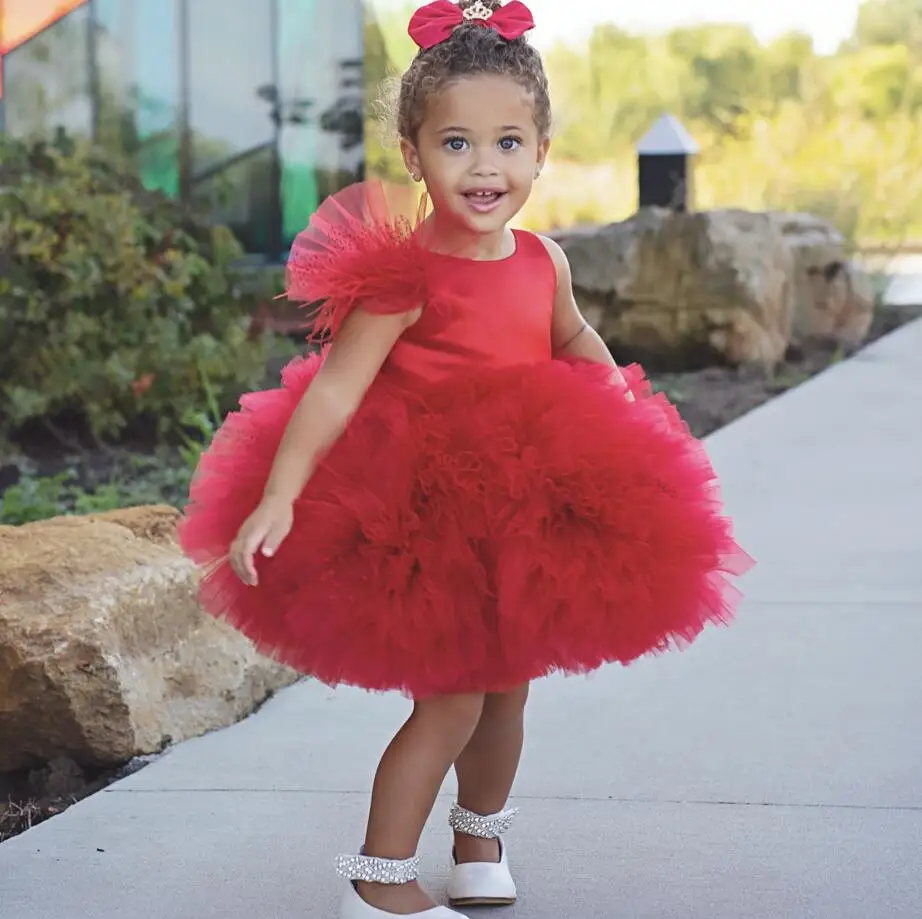 Red short Puffy tulle Ruffles flower girl dresses for party Christmas knee length sleeveless baby infant tutu 1st birthday gown | Детская