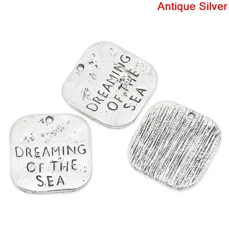 DoreenBeads Zinc alloy Charm Pendants Square Antique Silver Color Message Pattern &quot DREAMING OF THE SEA 19mm x 20mm 4 PCs | Украшения и