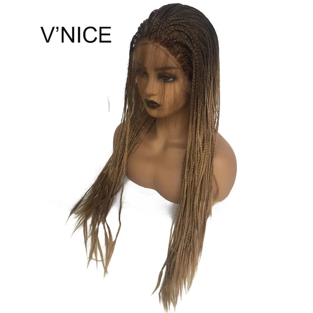 

V'NICE Brown Ombre Honey Blonde Glueless Synthetic Lace Front Braid Wig with Baby Hair Heat Resistant Braided Box Braids Wig