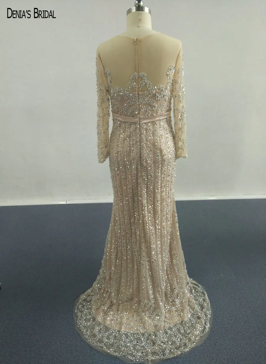 2017 Русалка шампанского вечерние платья с глубоким декольте бисером длина до пола