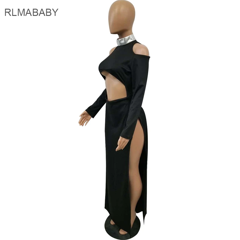Rlmababy пикантные открытыми плечами выдалбливают черный длинное платье водолазка
