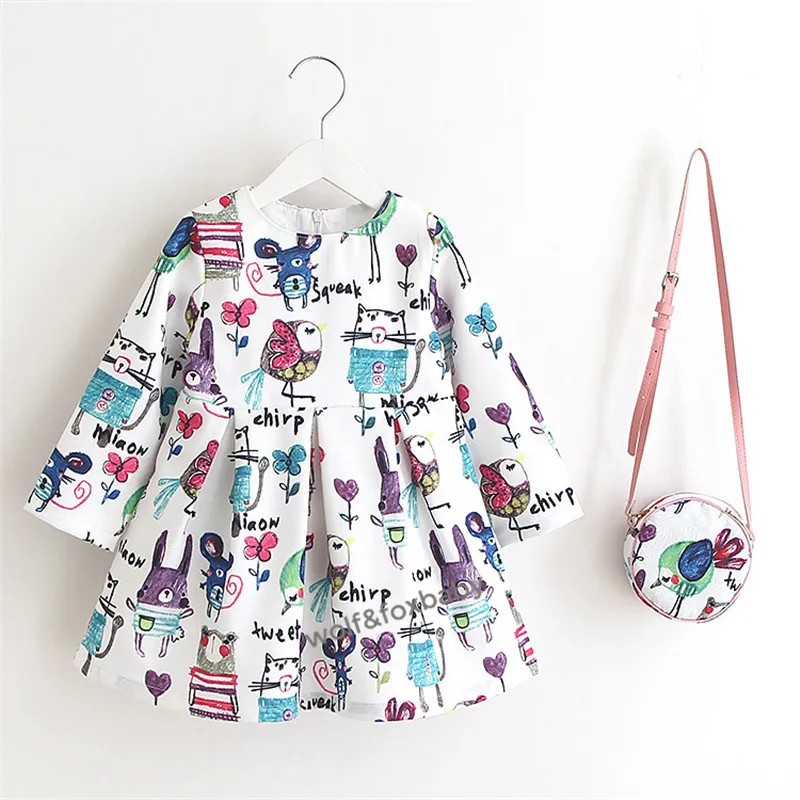 Комплект из льняного платья с принтом для маленьких девочек 2-8 лет+ сумка, платье принцессы с длинными рукавами на лето, весну и осень