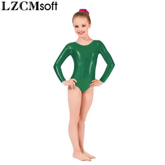 Green LZCMsoft, гимнастические трико для девочек, детские металлические трико с длинным рукавом для танцев, балета, Короткие трико, сценические костюмы - Цвет: Green