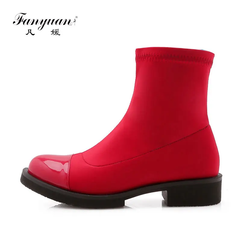 

fanyuan Fashion Leisure Slip-On Elastic Boots Autumn Round Toe Ankle Boots Women Flat Shoes Female winter Solid Motorcycle boot