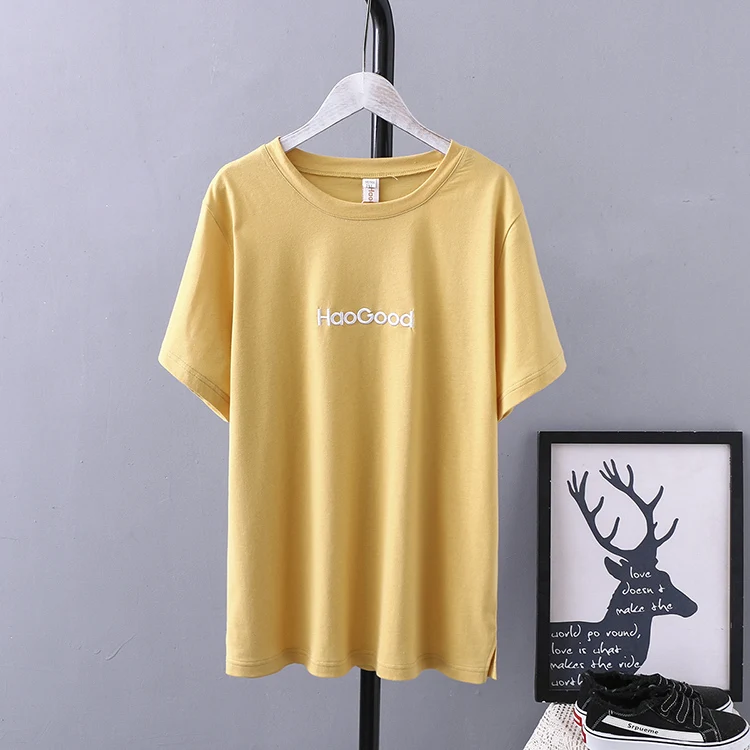 Женская Однотонная футболка с коротким рукавом большого размера плюс весна-лето