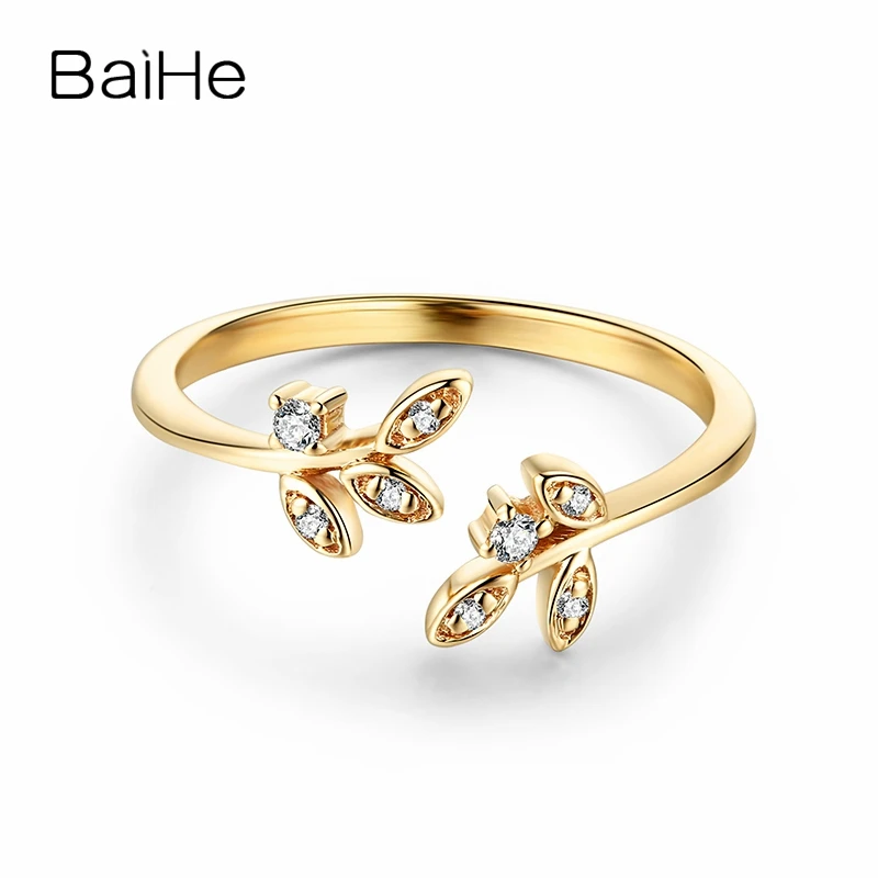 

BAIHE Solid 18K Yellow Gold 0.05ct H/SI Round Natural Diamonds Wedding Gift Engagement Ring Trendy Simple open leaf diamond Ring