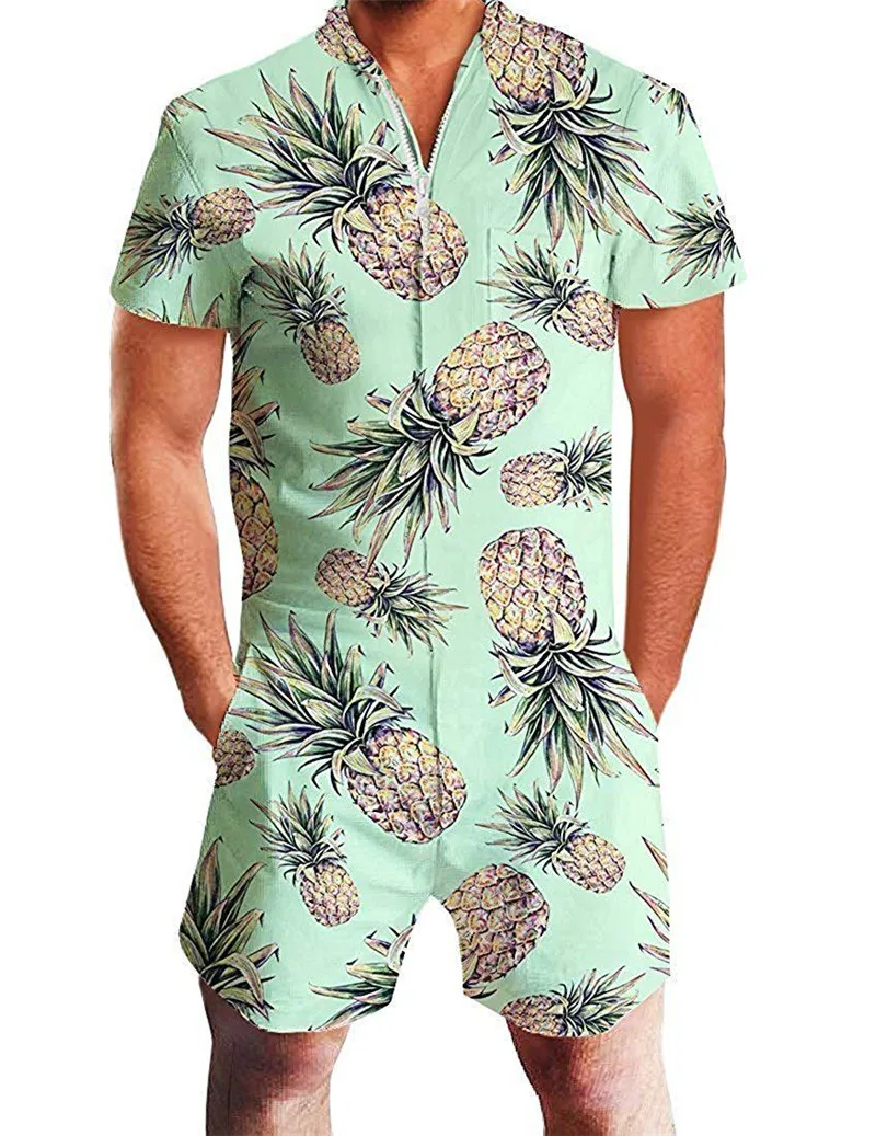 men romper 8 Men 3D Graphic One Piece Romper Men Casual Zipper Short Sleeve Summer Jumpsuit With Pocket Leopard Print Summer Beach Set - Цвет: men romper 8