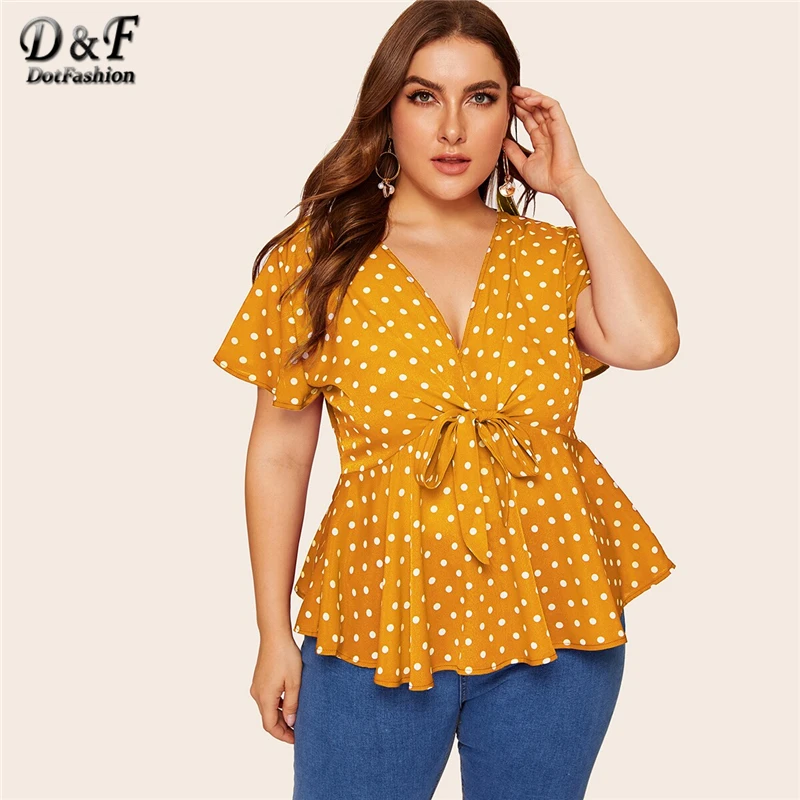 Dotfashion/женская блузка в горошек с узлом спереди; сезон лето ; Boho; глубокий v-образный вырез; одежда с короткими рукавами; женские модные топы