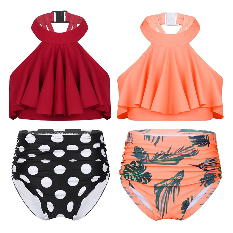 Детский купальник для девочек Танкини с лямкой на шее воланами ванный комплект