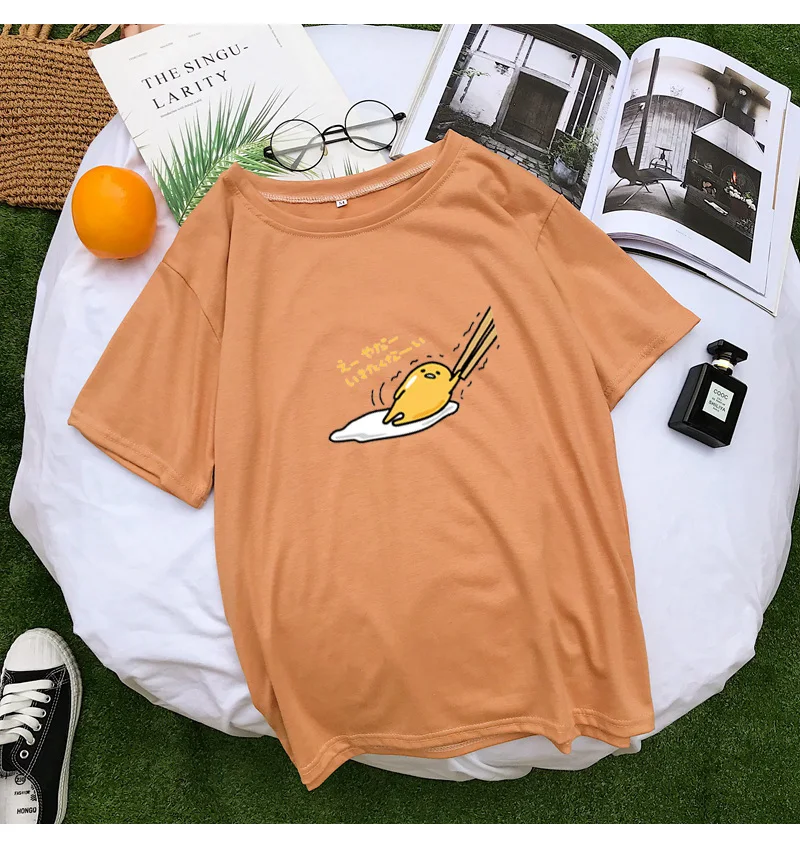 Новая футболка для женщин Kawaii Мультфильм Gudetama печати Топы Harajuku Лето короткий рукав Повседневная Свободная Корейская одежда Camiseta Mujer