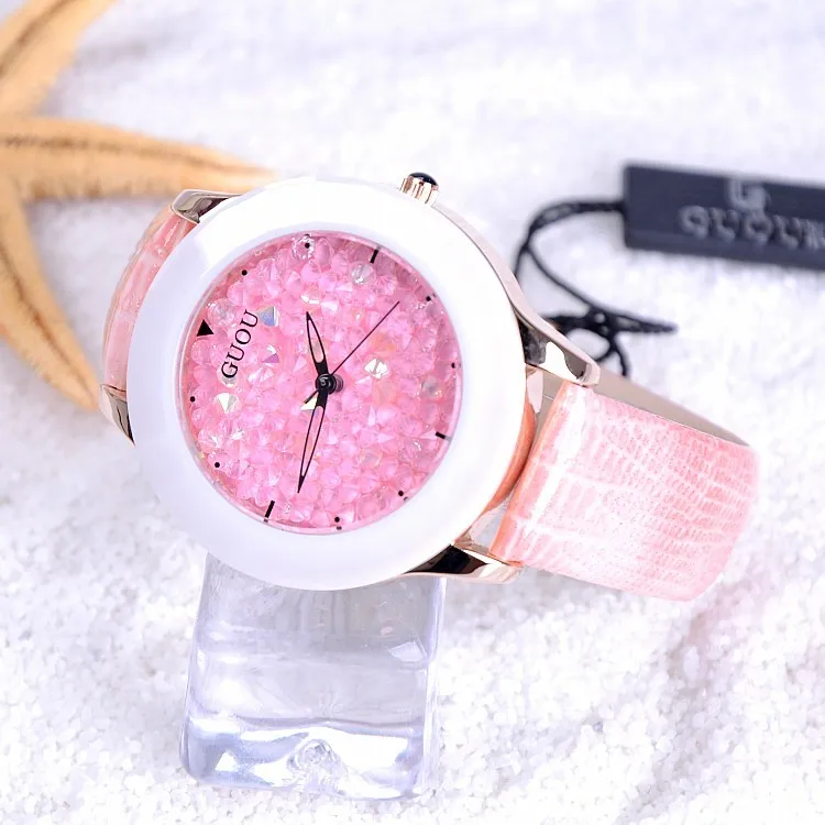 GUOU, Новое поступление, Relojes Hongkong, Брендовые женские часы, стразы, Кристалл, керамика, кожаный ремешок, ЖЕНСКИЕ НАРЯДНЫЕ часы, горячая Распродажа, relojes