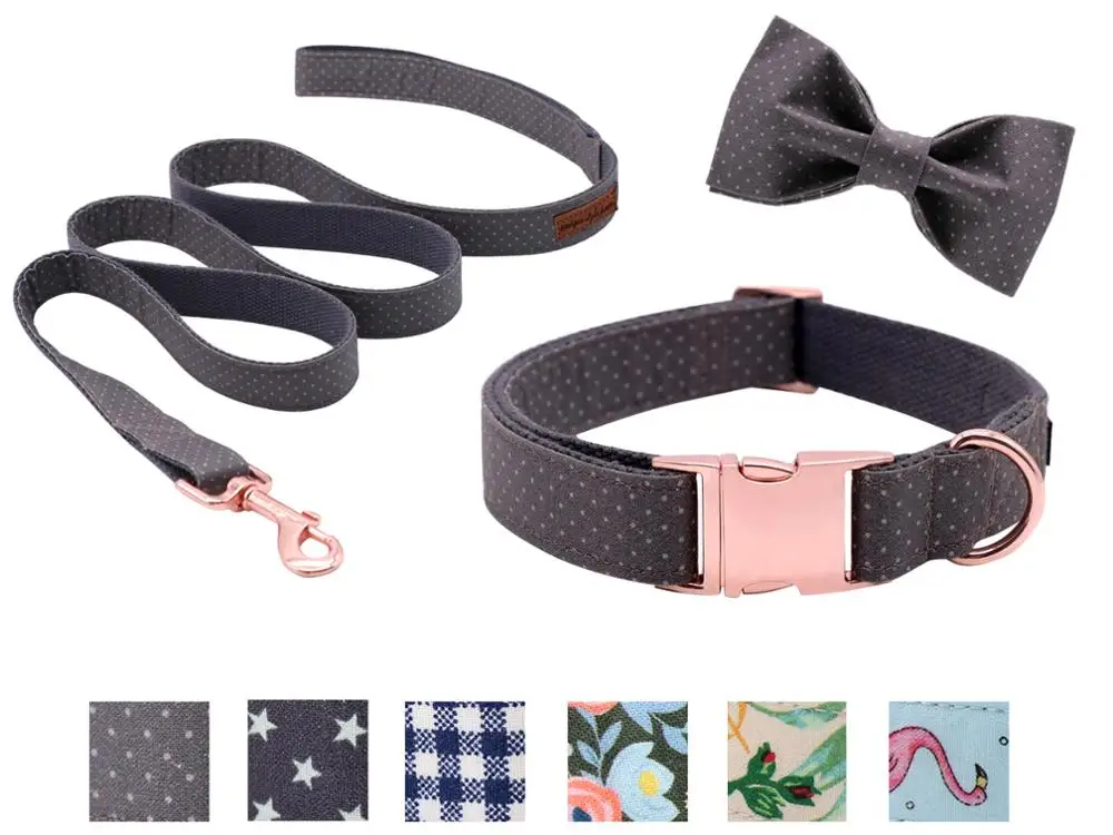 

Unique Style Paws Dog or Cat Collar or Leash with Bows Grey Dots Design with Cotton Webbing