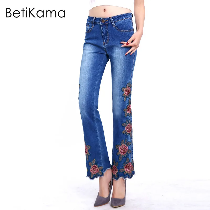 Более Размеры D вышитые Брюки для девочек стрейч Джинсы женщин женщина цветочным