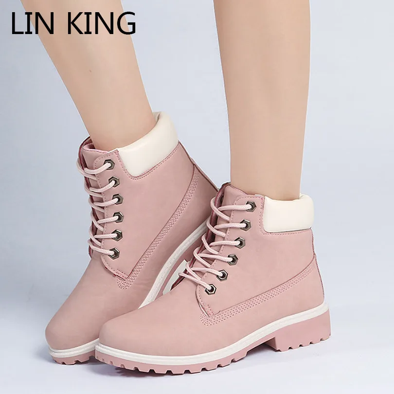 

LIN KING Fashion Round Toe Women Short Boots Plus Size Lace Up Ankle Botas Waterproof New Non Slip Woman Outside Military Boots