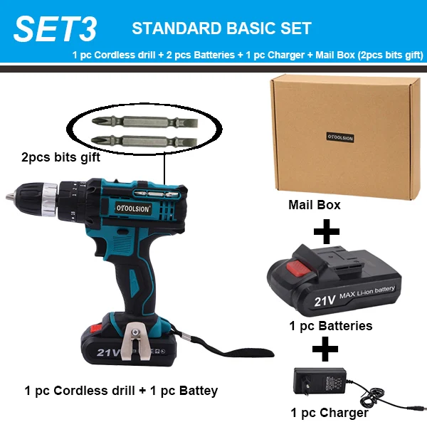 SET3 (2 pc battery) Новинка, 21 в, ударная электрическая дрель, электрическая дрель с переменной скоростью, ударные шуруповерты, 1,5 мАч, ударная Аккумуляторная дрель, литиевая батарея, для дома, сделай сам - Цвет: SET3 (2 pc battery)