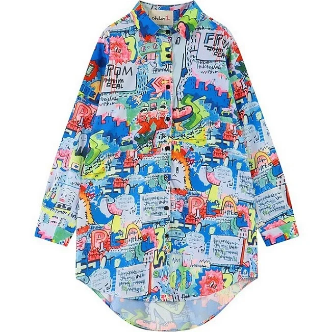 Женская блузка Lazy Oaf style с принтом размера плюс, женская модная Милая шифоновая Повседневная рубашка с длинным рукавом, верх размера d - Цвет: 1952