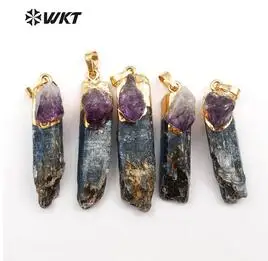 gold color WT-P1392 wkt опт ювелирные изделия из натурального камня Синий Кианит с фиолетовый камень с покрытием Длинные Прямоугольная форма кулон дизайн - Окраска металла: gold color