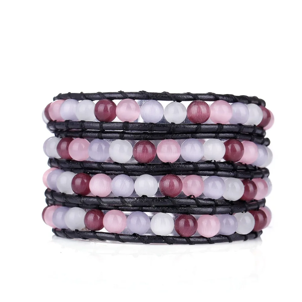 Кожаный браслет Fyla Mode ручной работы из натурального фиолетового розового опала