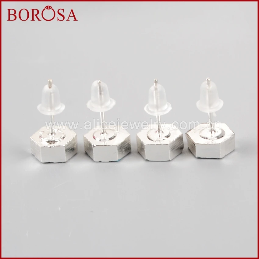 Серьги пусеты BOROSA из чистого серебра с шестиугольным синим натуральным камнем