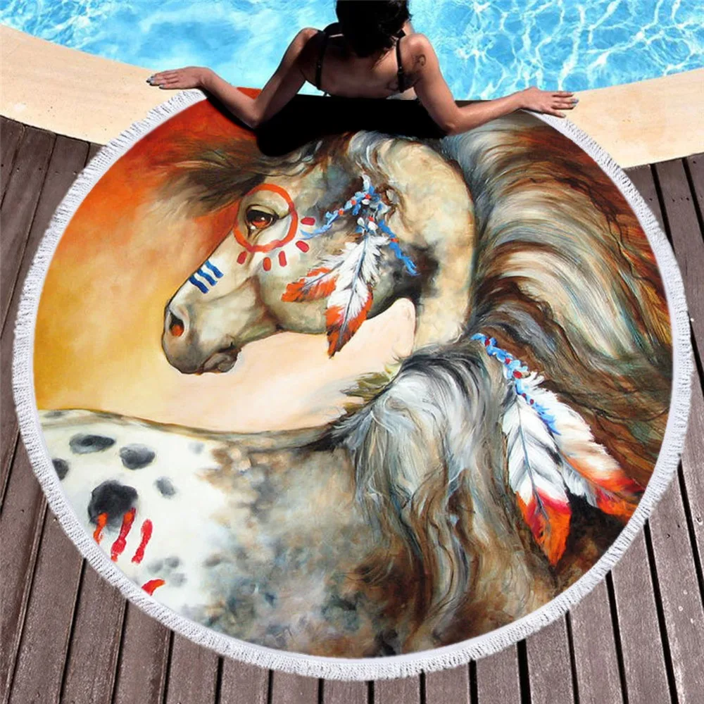 

Art Horse Colorful Painting Women Bath Towel for Beach Thick Round 3d print Fabric Quick Compressed Towel new style-5