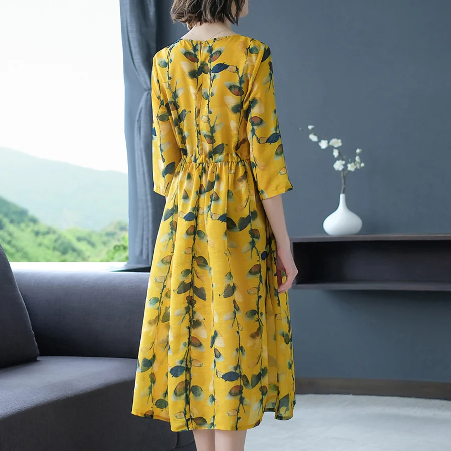 2019 New Vintage Yellow Floral Silk Midi Dresses Summer 3XL Plus Size Print Two-piece Set Bodycon Sundress Elegant Women Vestido | Женская