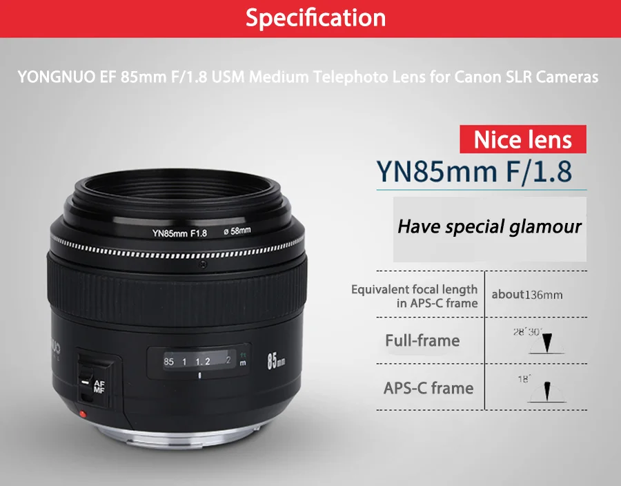 YONGNUO YN85mm f1.8 85 мм объектив камеры с фиксированным фокусом AF/объектив MF для Canon EF Mount EOS camera s 70D ПОРТРЕТНАЯ ФОТОГРАФИЯ