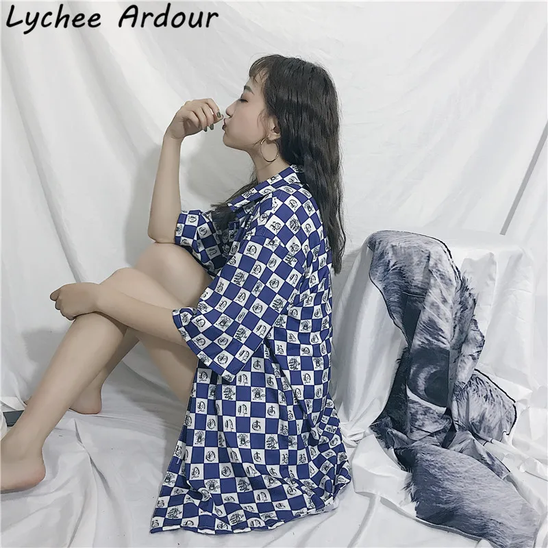 Lychee Ardour Plaid Cartoon Mouse Women Blouse Shirt Turn-Down Collar Half Sleeve Summer Female Casual Long |