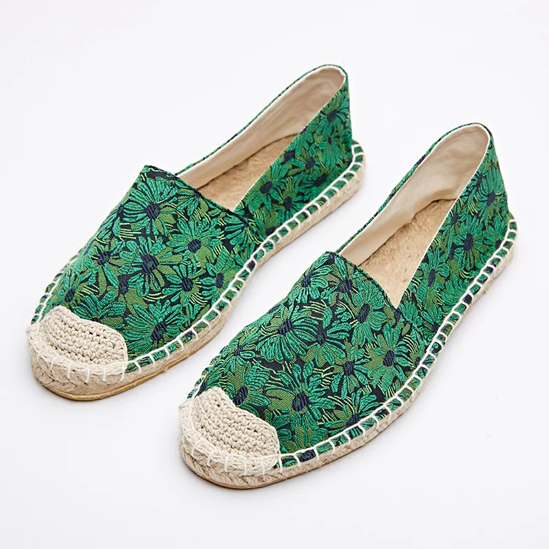 Модные Этнические повседневные Эспадрильи с зелеными цветами на плоской подошве