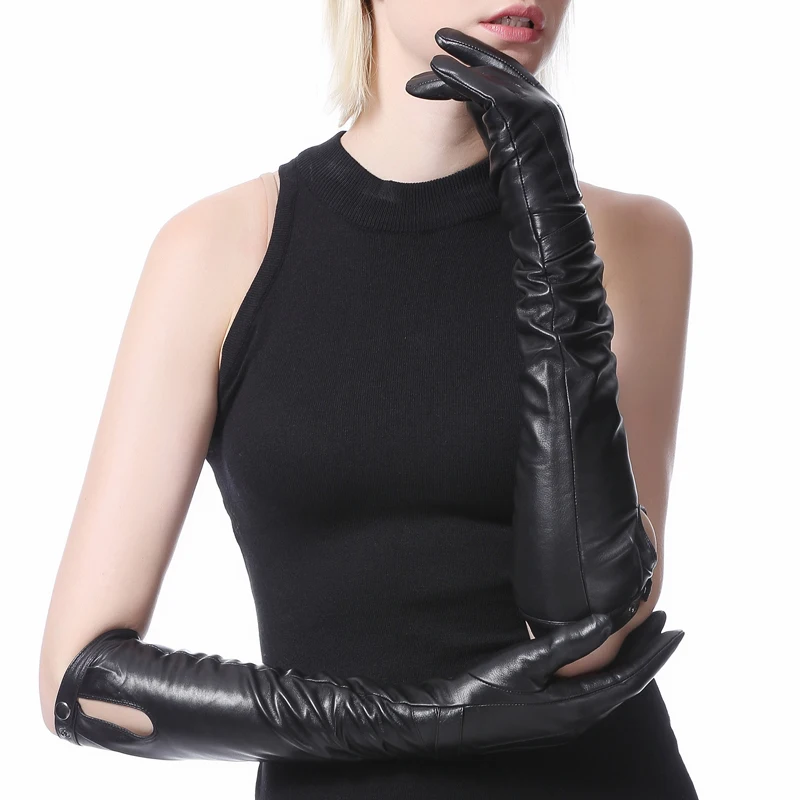 Женские длинные кожаные перчатки на пуговицах из натуральной кожи|long leather