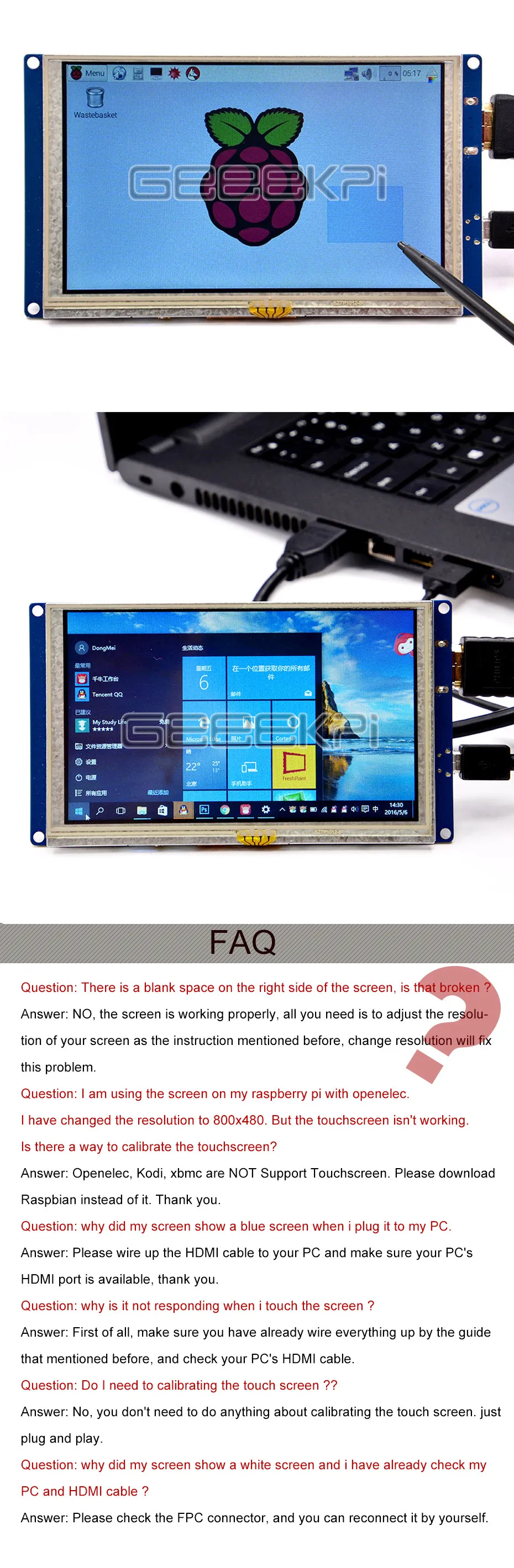 GeeekPi 5 дюймов 800*480 ЖК-дисплей HDMI Сенсорный экран Дисплей Бесплатный драйвер для Raspberry Pi 4B/3B+/3/2 Модель B/PC оконные рамы