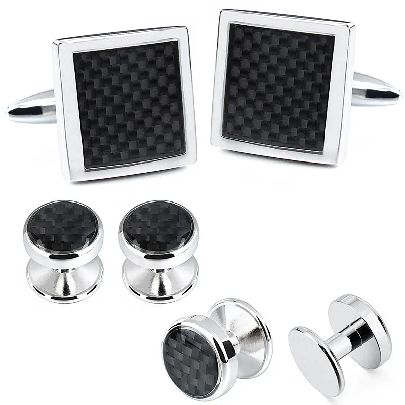 HAWSON Carbon Fiber Cufflinks and Studs for Men Fashion Gentlemen's Tuxedo Shirt Jewelry Cuff Buttons in Presentation Gift Box