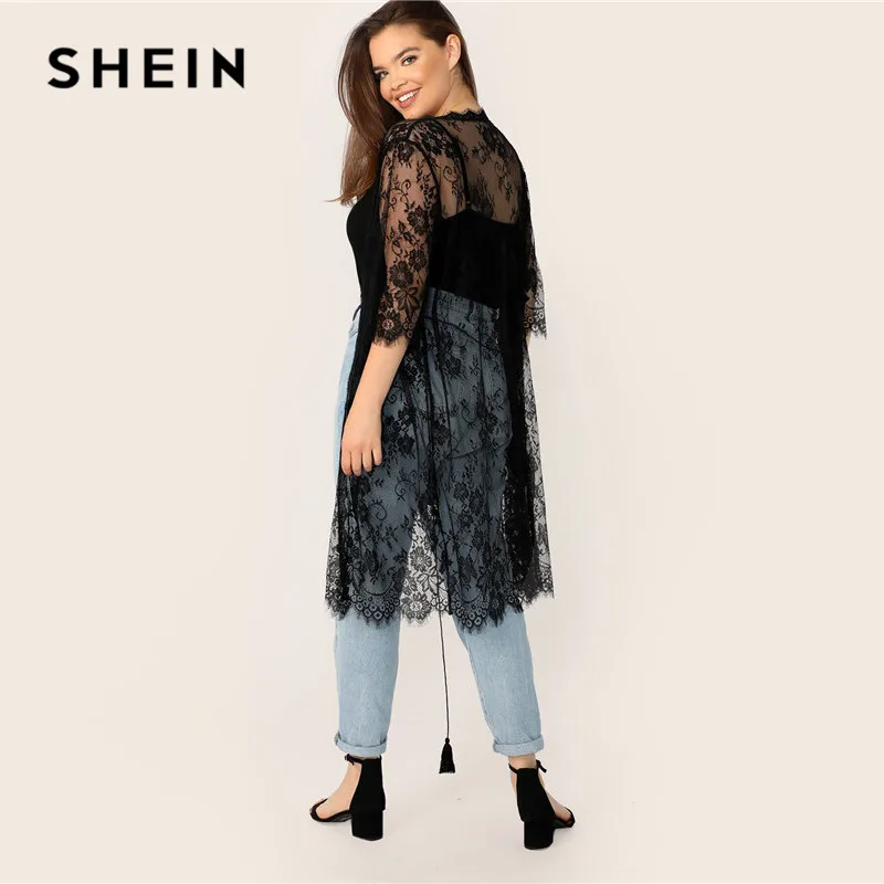 SHEIN Размер Плюс Прозрачное Кимоно С Кружевом И Бахромой Плюс Размера Кимоно С Бахромой Женские Летние Бохо Кимоно