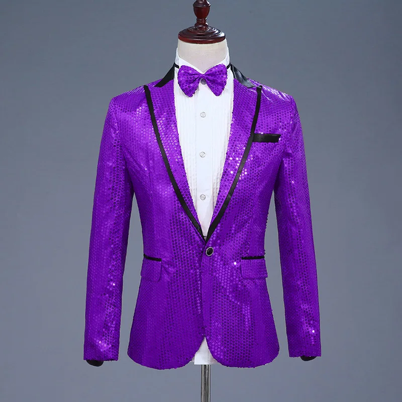 Mens Shiny Purple Sequin Jacket Men Nightclub DJ Prom Suit Blazer With Tie Men Wedding Party Dance Stage Costumes for Singer XXL