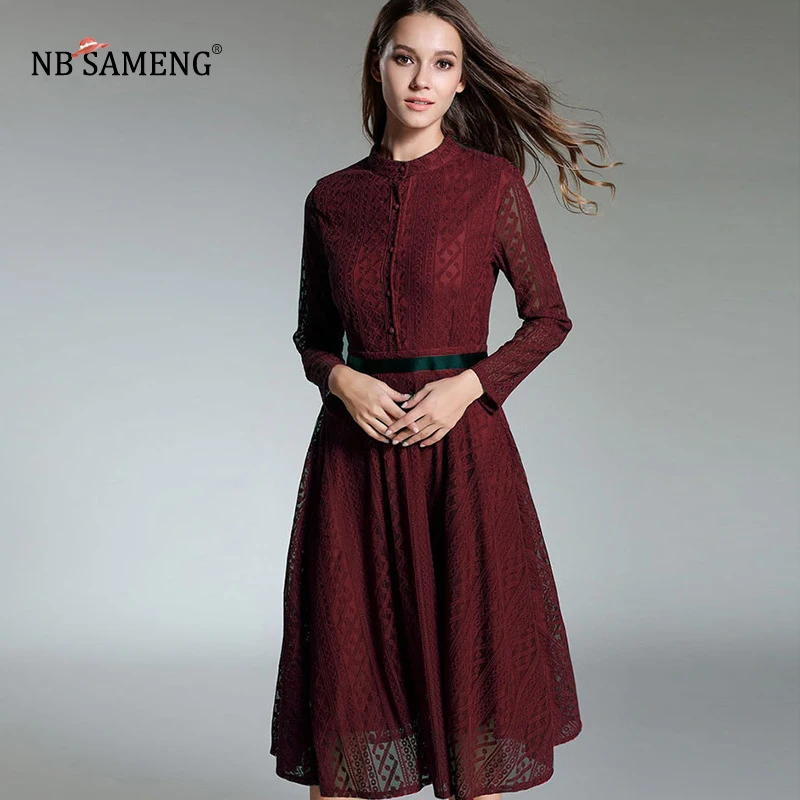 Модные женские туфли Кружево платье осень-зима Элегантный длинным рукавом