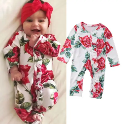 Комбинезон Emmababy хлопковый с длинным рукавом и розами для новорожденных