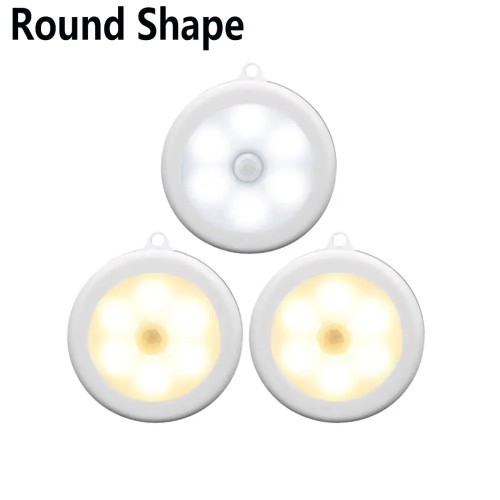 Round shape Батарея работает 6 светодиодный PIR датчик движения ночник авто вкл/выкл настенный светильник свет индукционный магнит светодиодный шкаф ночной Светильник - Испускаемый цвет: Round shape