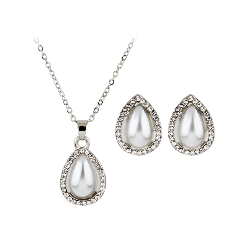 Sweet Woman Pendant Necklace Earrings Set Crystal Pearl Dripping Personality Evening Dress Assembled Jewelry 2018 | Украшения и