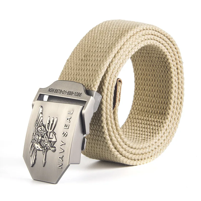 Khaki Belt 12 типов холщовый мужской ремень темно-синего цвета с металлической гладкой пряжкой полосатый мужской ремень из сплава орла армейский ремень длинный Регулируемый черный пояс для талии - Цвет: Khaki Belt