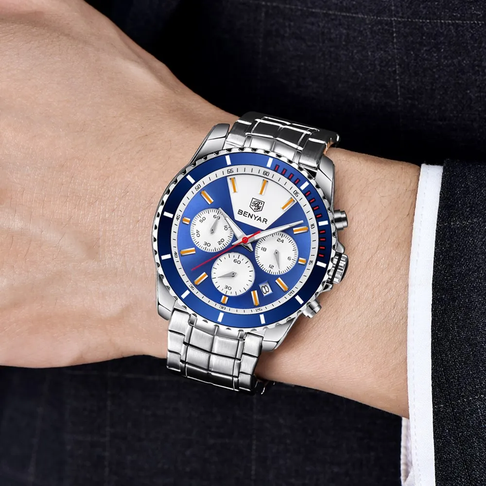 

BENYAR Brand Fashion Chronograph Sport Watches blue case Stainless Steel Strap Quartz Watch Clock Relogio Masculino Reloj Hombre